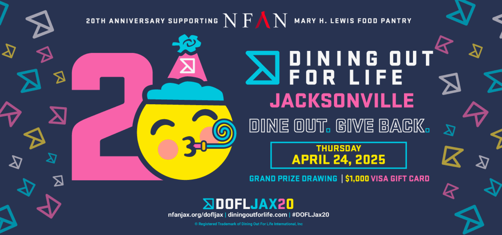Dining Out For Life Jacksonville 20th Anniversary supporting NFAN Mary H. Lewis. Dine Out. Give Back. Thursday, April 24, 2025.