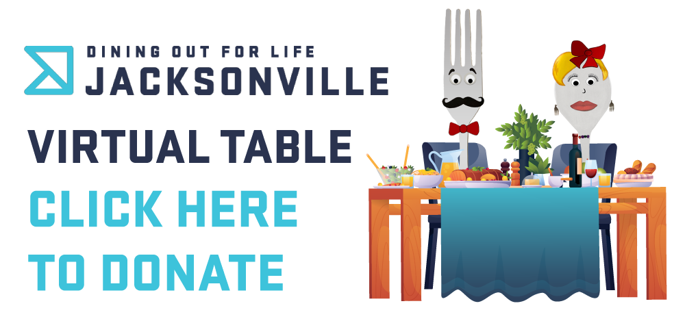Dining Out For Life® Jacksonville FL. Fork and Spoon cartoon characters sitting at a table with food. 