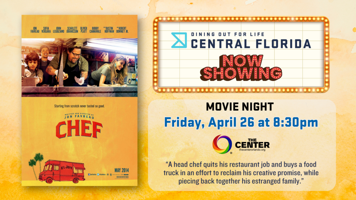 Marquee saying "Now Showing" with a brief description of the movie "The Chef" staring Jon Favreau.
Movie night at The Center will be Friday, April 26, 2024 at 8:30pm